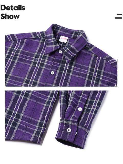 HeavyWeight Thickened Purple Tartan Flannel Breast Pocket Men's Long Sleeve Shirt