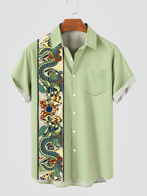 Vintage Style Chinese Traditional Mythology Dragon Printing Grünes Kurzarmhemd für Herren