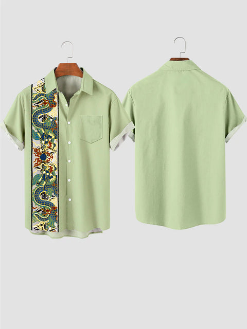 Chemise à manches courtes pour hommes vert de la mythologie traditionnelle chinoise de style vintage