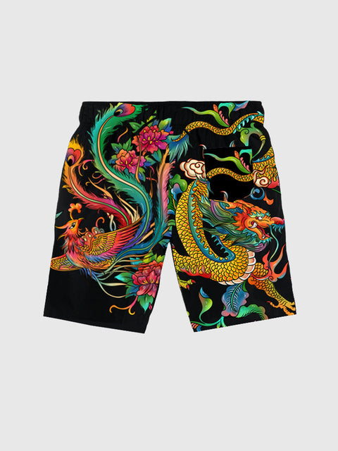 Shorts für Herren mit chinesischem Drachen- und Phönixdruck