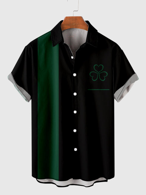 Chemise à manches courtes pour hommes Vintage Black &amp; Green Stitching Shamrock Printing