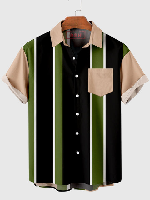 HOO Asymmetrisches Multi-Streifen-Kontrastfarben-Herren-Kurzarmhemd