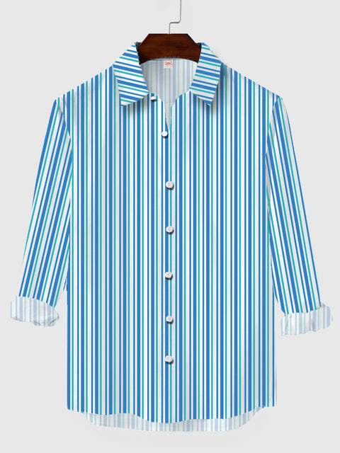 Stylish Blue Vertical Stripes Pattern Printing Men's Long Sleeve Shirt