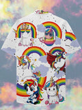 Eye-Catching Hippie Stylish Sunshine Rainbow Cartoon Unicorn Printing Cuban Collar Hawaiian Short Sleeve Shirt