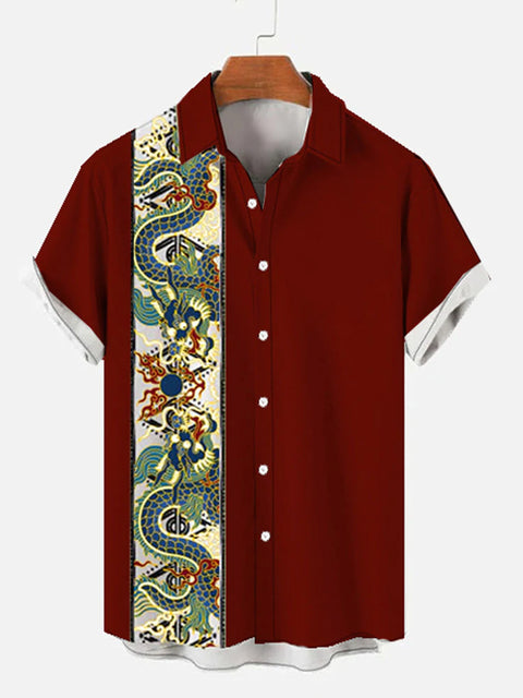 Vintage Style Red and Chinese Traditional Mythology Dragon Printing Men's Short Sleeve Shirt