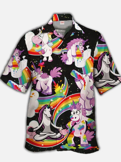 Eye-Catching Hippie Stylish Funny Style Unicorn With Rainbow And Stars Printing Cuban Collar Hawaiian Short Sleeve Shirt