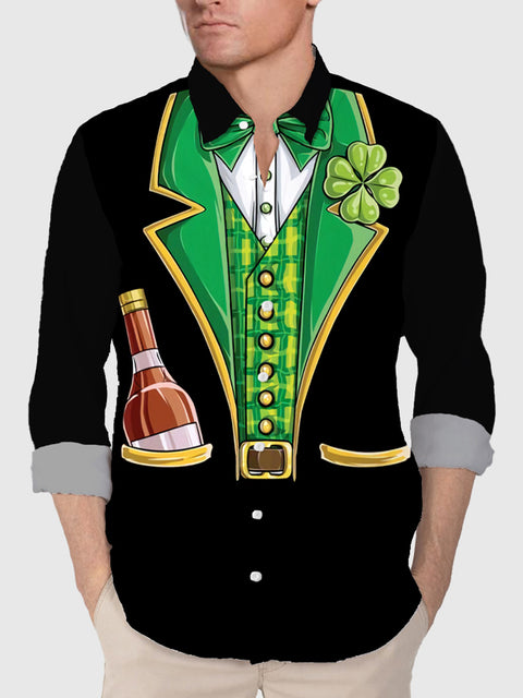 Leprechaun Costume St. Patrick's Day Tuxedo Printing Men's Long Sleeve Shirt