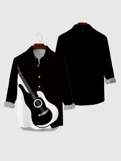 Music Elements Abstract Black & White Stitching Guitar Printing Men's Long Sleeve Shirt