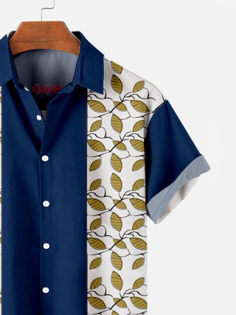 Retro 1960s Blue and Twig Stitching Printing Men's Short Sleeve Shirt