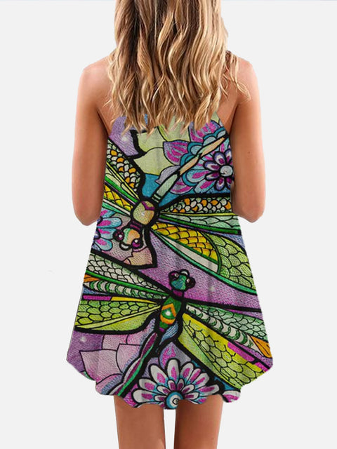 Vintage Art Color Mosaic Ethnic Style Dragonfly And Flower Printing Sleeveless Camisole Dress