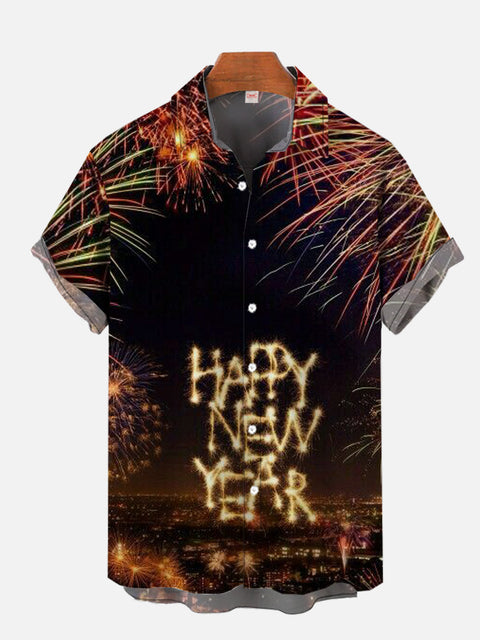 Happy New Year! Bright Fireworks Printing Short Sleeve Shirt