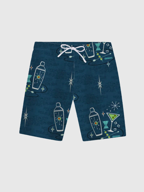 Blue Mid-Century Atomic Martinis And Shakers Printing Shorts
