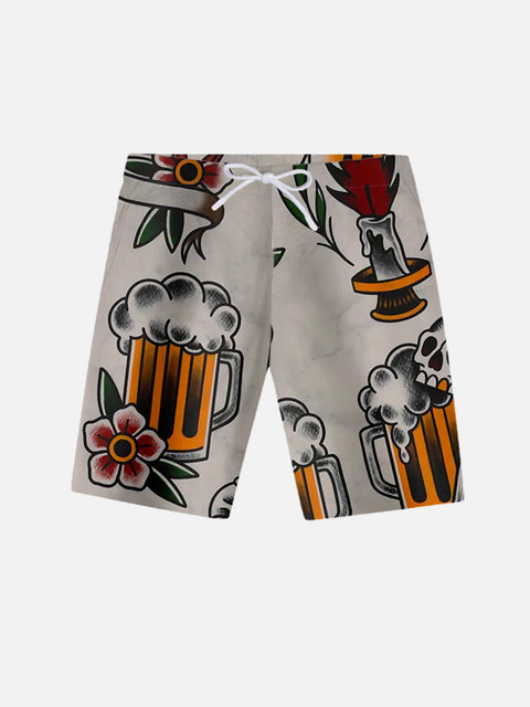 Hawaii Style Candelabra, Cross And Beer Tattoos Printing Shorts
