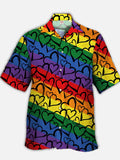 Eye-Catching Hippie Abstract Stained Psychedelic Rainbow Stripes And Hearts Pattern Printing Cuban Collar Hawaiian Short Sleeve Shirt