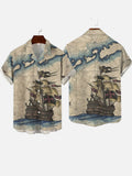 Vintage Old Maps Spanish Galleon Pirate Ship Printing Cuban Collar Men's Short Sleeve Shirt