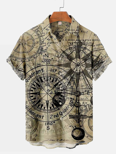 Vintage Nautical Compass Travel Journal Hawaiian Printing Short Sleeve Shirt