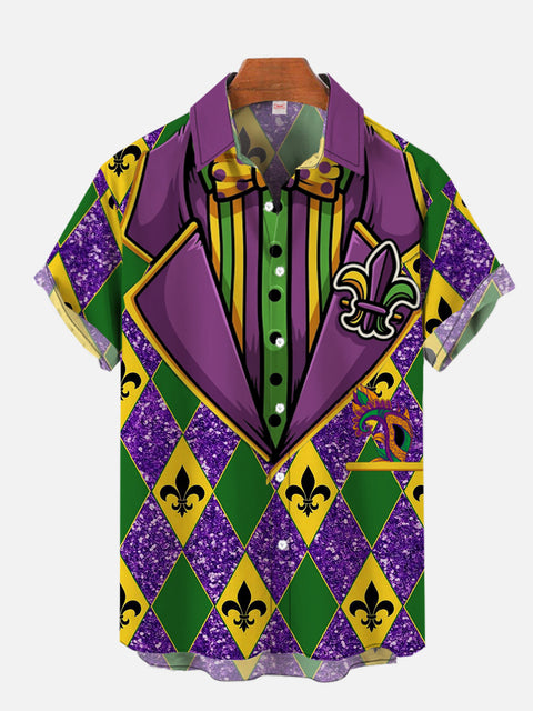 Mardi Gras Carnival Green Yellow Purple Diamond Dress Up Tuxedo Printing Short Sleeve Shirt