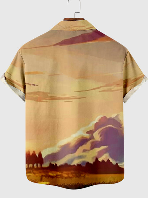 Coucher de soleil sur la chemise à manches courtes pour hommes avec impression de paysages unis
