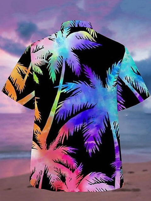 Eye-Catching Psychedelic Hippie Rainbow Palm Tree Printing Cuban Collar Hawaiian Short Sleeve Shirt