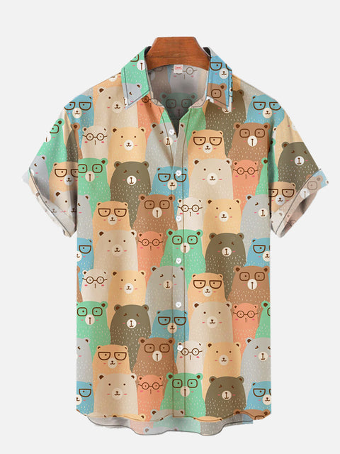 Cartoon Cute Rainbow Bear Printing Hawaiian Short Sleeve Shirt