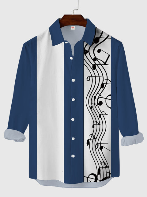 Vintage Black & DarkCyan Stripe Wavy Sheet Music Printing Men's Long Sleeve Shirt