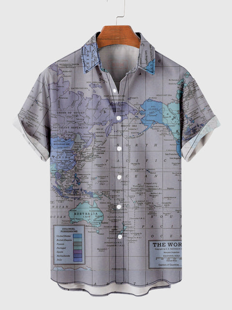Mercator Projection World Map Printing Chemise à manches courtes pour homme bleu vintage