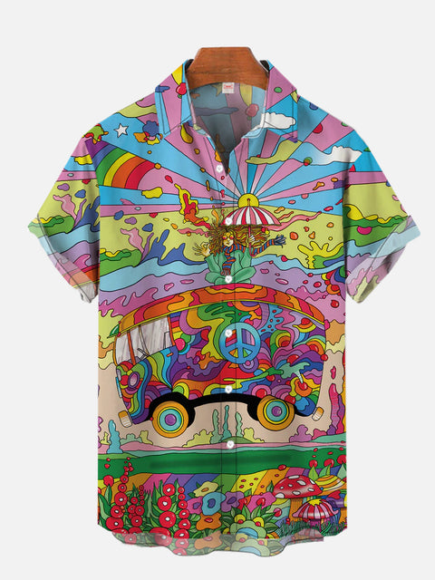 Psychedelic Colorful Magic Bus Hippie Lover Printing Hawaiian Short Sleeve Shirt