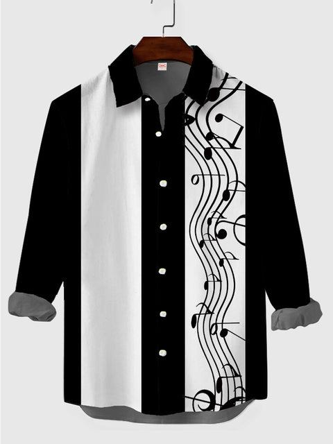 Chemise à manches longues pour hommes avec impression de partitions ondulées à rayures noires et blanches rétro