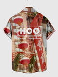 Chinese Red Lantern and Bamboo Building Printing Men's Short Sleeve Shirt
