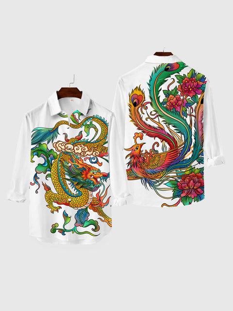 White Chinese Dragon And Phoenix Printing Men's Long Sleeve Shirt