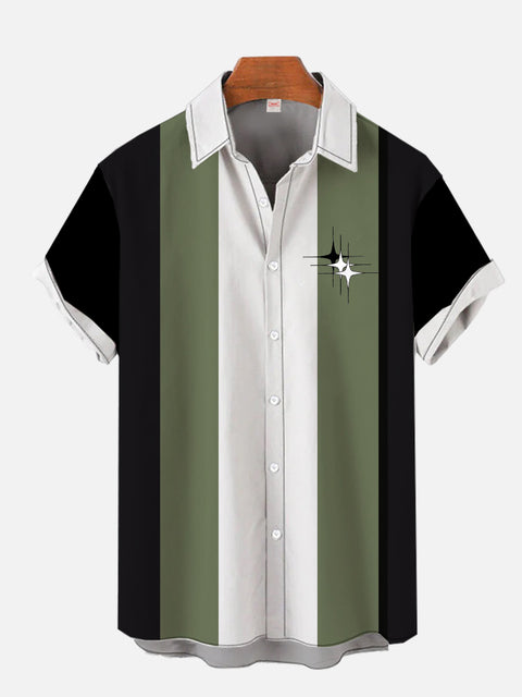 Casual Hawaiian DarkGreen Stripes Black And White Stars Printing Short Sleeve Shirt