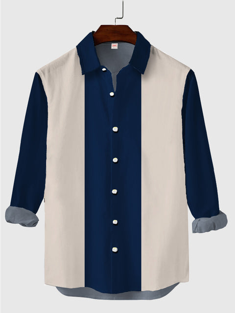 Chemise à manches longues Vintage Classic Contrast Color Blue and White Printing pour hommes