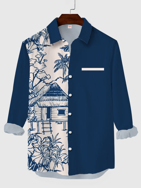 Vintage Blue Wooden House Fashion Printing Men's Long Sleeve Shirt