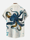 Indigo Ocean Large Blue Octopus Water Stain Printing Short Sleeve Shirt
