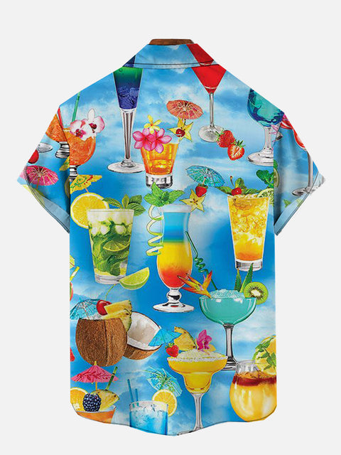 Blue Vacation Cocktail Beach Hawaiian Printing Short Sleeve Shirt