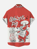 Delightful Red And White Stitching Whistlin P-Chef BBQ Printing Short Sleeve Shirt