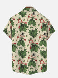 Retro Green Holly Leaves Red Berries Candy Cane And Santa Printing Men's Short Sleeve Shirt