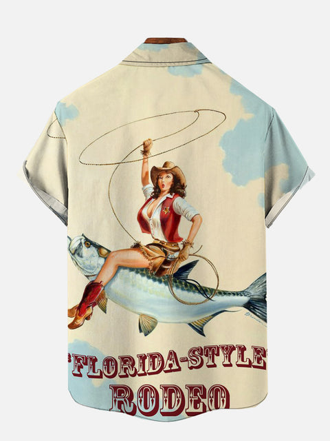 Map Print Retro Florida Style Rodeo Cowgirl Printing Short Sleeve Shirt