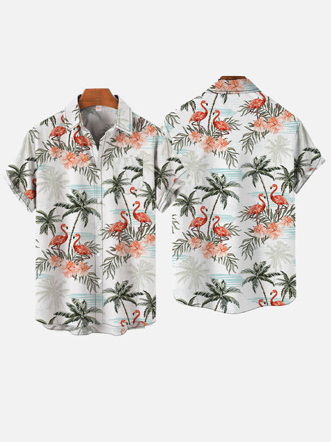 Resort-style Coconut Tree Flamingos Printing Short Sleeve Shirt