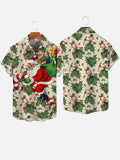Retro Green Holly Leaves Red Berries Candy Cane And Santa Printing Men's Short Sleeve Shirt