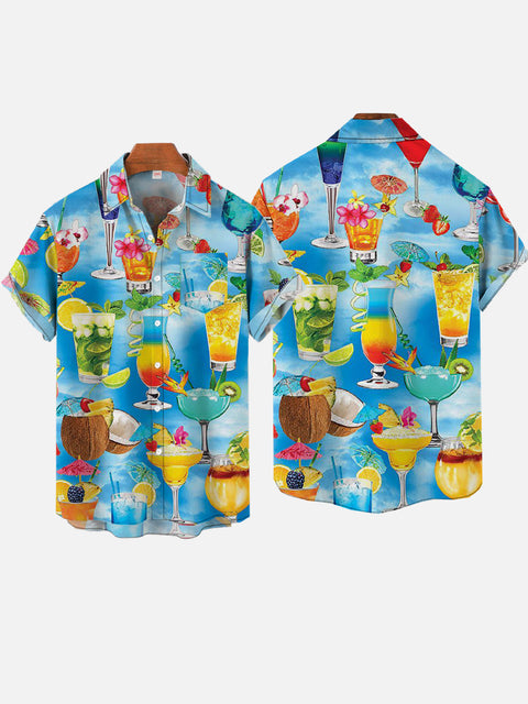 Blue Vacation Cocktail Beach Hawaiian Printing Short Sleeve Shirt