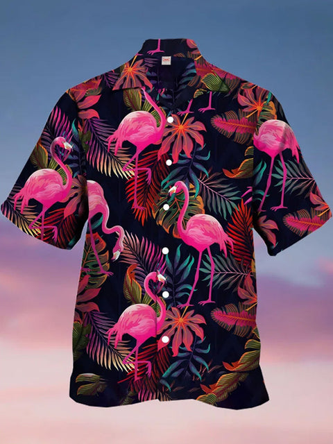 Eye-Catching Full-Print Casual Flamingo Printing Cuban Collar Hawaiian Short Sleeve Shirt
