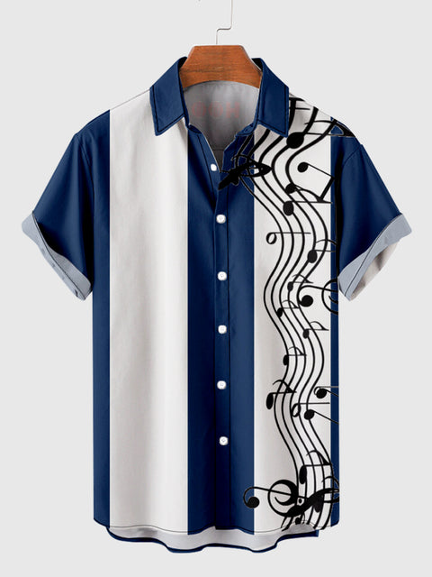 1960s Black & DarkCyan Stripe Wavy Sheet Music Printing Men's Short Sleeve Shirt