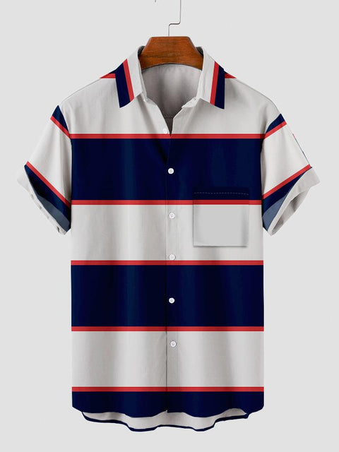 Retro Blue Wide Horizontal Stripe Turndown Collar Button Down Men's Short Sleeve Shirt