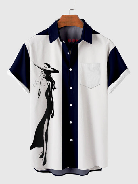 Chemise à manches courtes pour homme bleu et blanc des années 1960