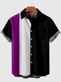 Black & White & DarkMagenta Striped Contrast Color Casual Men's Short Sleeve Shirt