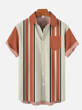 Casual Button Down Beach Single Orange Striped Printing Breast Pocket Short Sleeve Shirt
