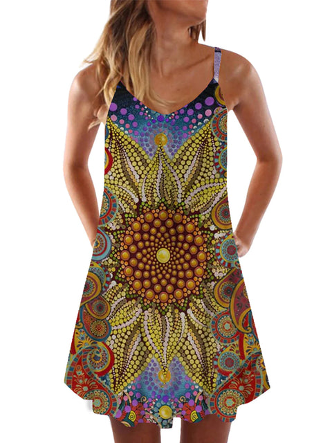 Aboriginal Dot Art Yellow Flower Printing Sleeveless Camisole Dress