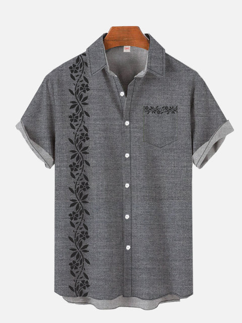 Gray Plants Vine Floral Pattern Printing Breast Pocket Polyester Casual Short Sleeve Shirt