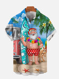 Cartoon Christmas Elements Hawaiian Surfing Santa Caus Printing Men's Short Sleeve Shirt